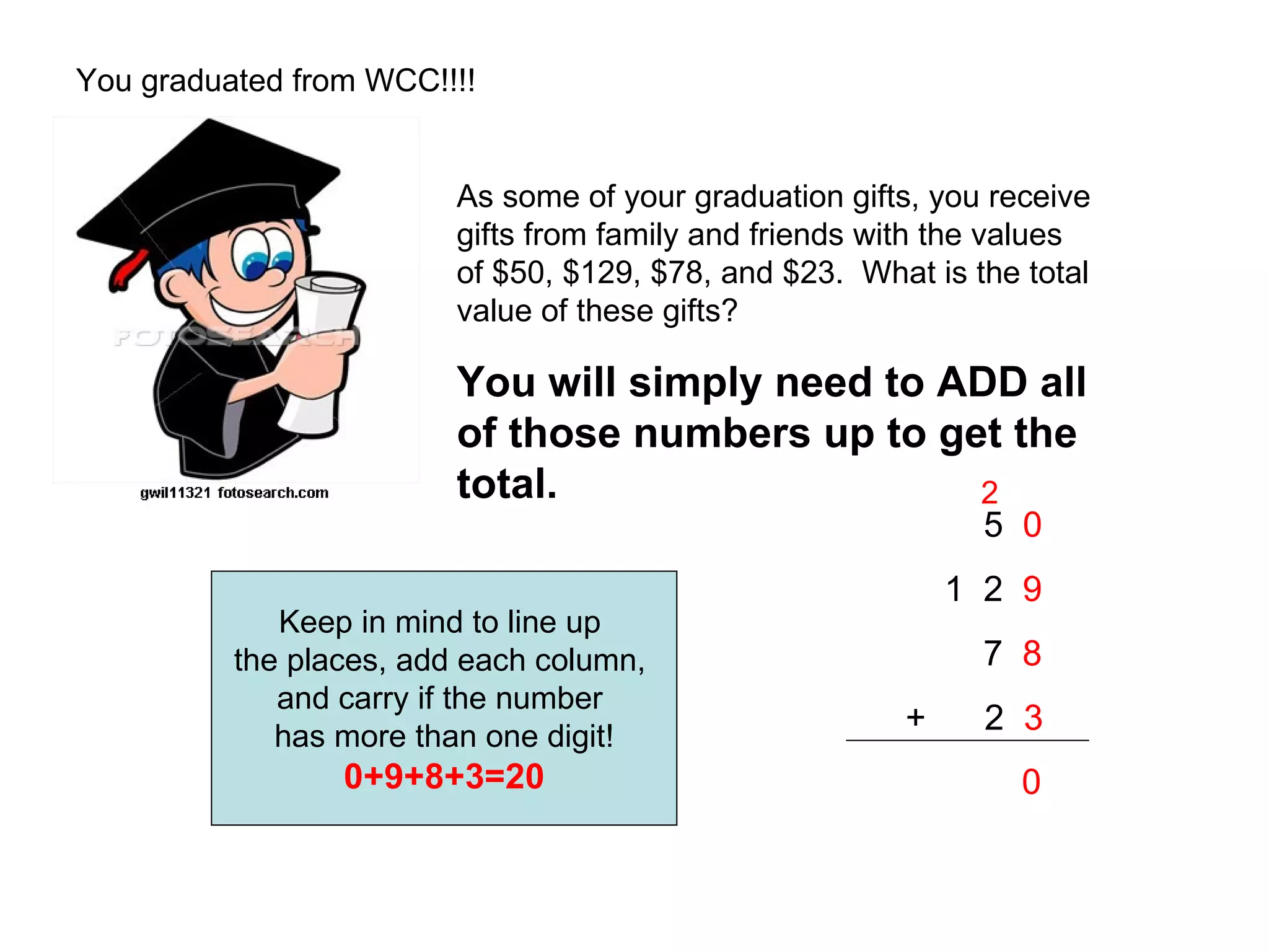 You graduated from WCC!!!! As some of your graduation gifts, you receive  gifts from family and friends with the values  of $50, $129, $78, and $23.  What is the total  value of these gifts? You will simply need to ADD all  of those numbers up to get the  total.   5  0   1  2  9   7  8   +  2  3 0 Keep in mind to line up  the places, add each column,  and carry if the number  has more than one digit! 0+9+8+3=20 2 