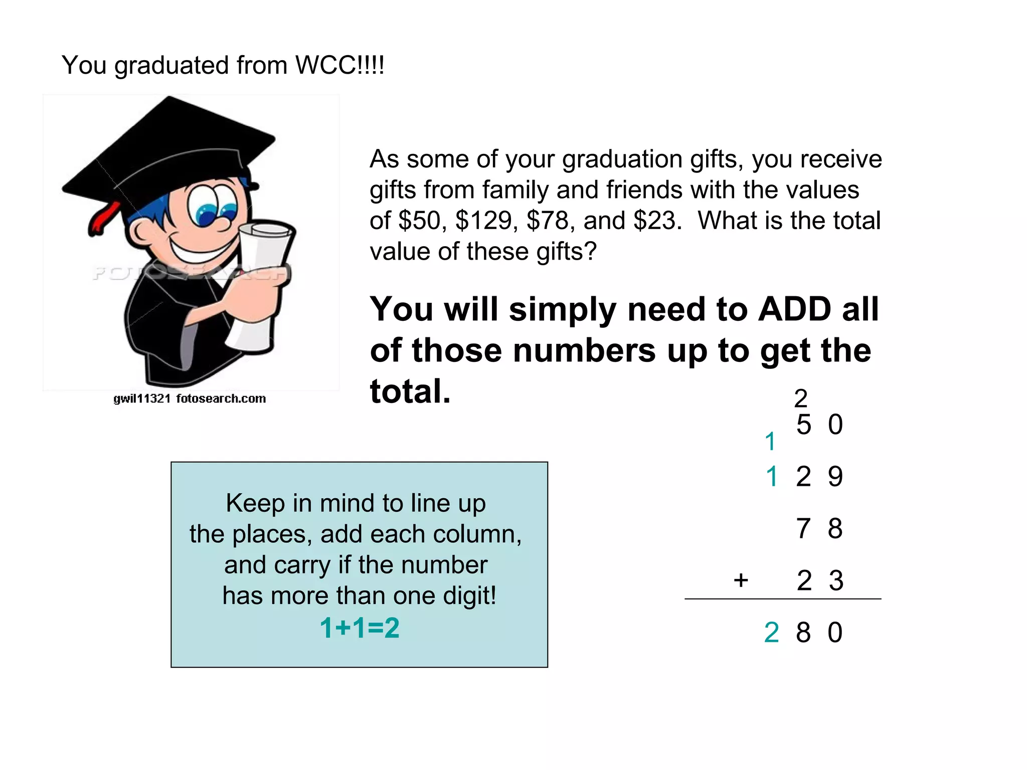 You graduated from WCC!!!! As some of your graduation gifts, you receive  gifts from family and friends with the values  of $50, $129, $78, and $23.  What is the total  value of these gifts? You will simply need to ADD all  of those numbers up to get the  total.   5  0   1   2  9   7  8   +  2  3 2   8  0 Keep in mind to line up  the places, add each column,  and carry if the number  has more than one digit! 1+1=2 2 1 