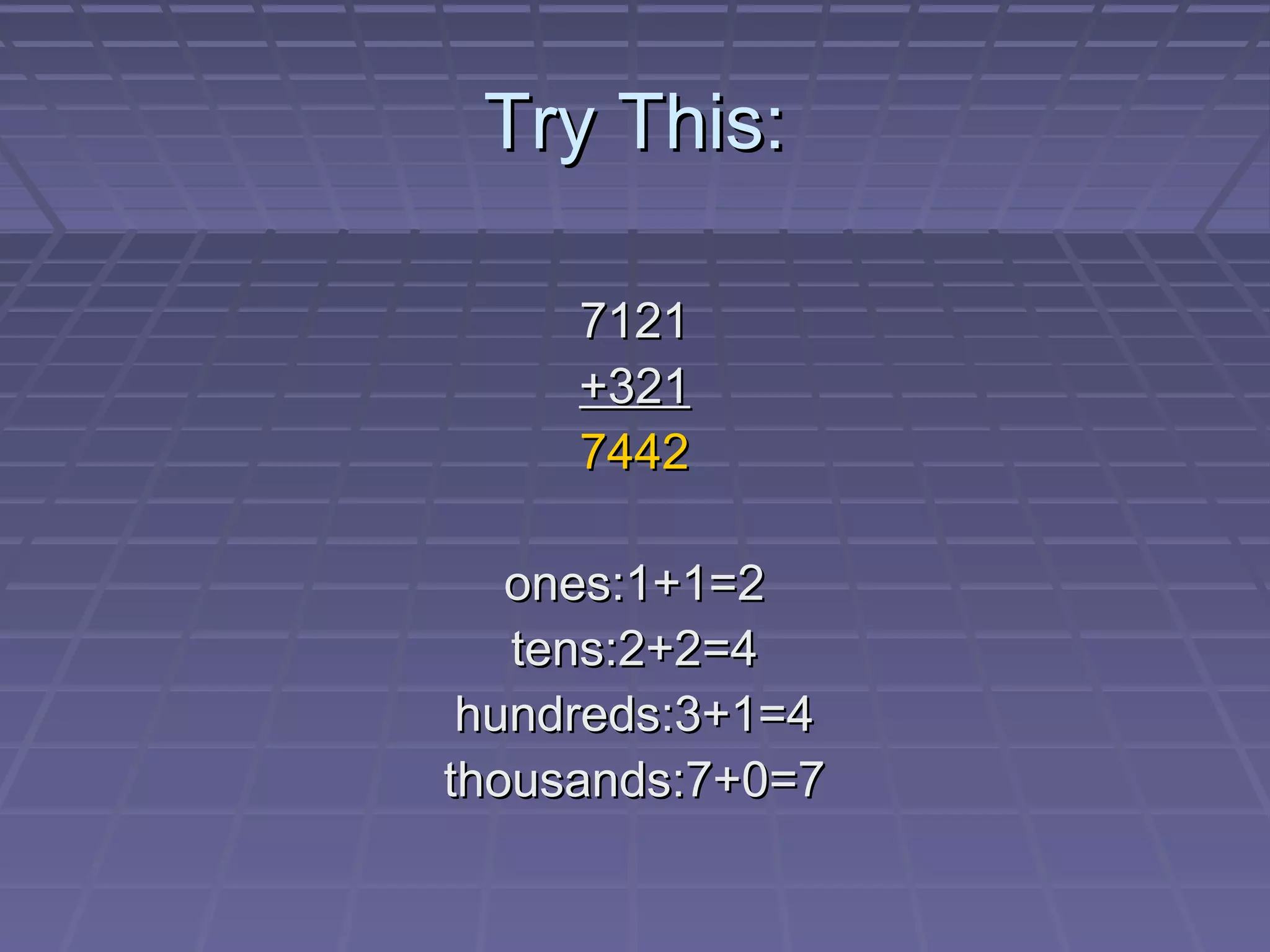 Try This:

     7121
     +321
     7442

   ones:1+1=2
   tens:2+2=4
 hundreds:3+1=4
thousands:7+0=7
 