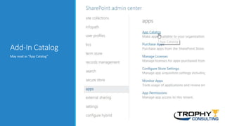 Add-In Catalog
May read as “App Catalog”
 