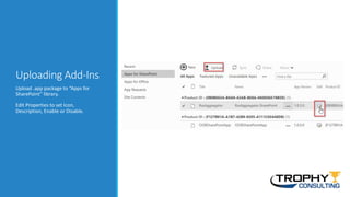 Uploading Add-Ins
Upload .app package to “Apps for
SharePoint” library.
Edit Properties to set Icon,
Description, Enable or Disable.
 