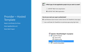 Provider – Hosted
Template
Need a Certificate On-Prem
Note AppManifest.xml
Note Web Project
 