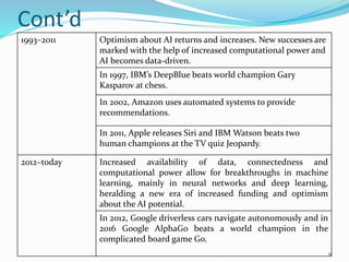 Cont’d
1993–2011 Optimism about AI returns and increases. New successes are
marked with the help of increased computational power and
AI becomes data-driven.
In 1997, IBM’s DeepBlue beats world champion Gary
Kasparov at chess.
In 2002, Amazon uses automated systems to provide
recommendations.
In 2011, Apple releases Siri and IBM Watson beats two
human champions at the TV quiz Jeopardy.
2012–today Increased availability of data, connectedness and
computational power allow for breakthroughs in machine
learning, mainly in neural networks and deep learning,
heralding a new era of increased funding and optimism
about the AI potential.
In 2012, Google driverless cars navigate autonomously and in
2016 Google AlphaGo beats a world champion in the
complicated board game Go.
9
 