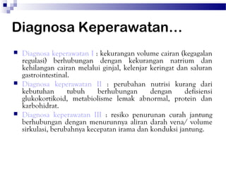 Diagnosa Keperawatan…
   Diagnosa keperawatan I : kekurangan volume cairan (kegagalan
    regulasi) berhubungan dengan kekurangan natrium dan
    kehilangan cairan melalui ginjal, kelenjar keringat dan saluran
    gastrointestinal.
   Diagnosa keperawatan II : perubahan nutrisi kurang dari
    kebutuhan       tubuh    berhubungan       dengan     defisiensi
    glukokortikoid, metabiolisme lemak abnormal, protein dan
    karbohidrat.
   Diagnosa keperawatan III : resiko penurunan curah jantung
    berhubungan dengan menurunnya aliran darah vena/ volume
    sirkulasi, berubahnya kecepatan irama dan konduksi jantung.
 