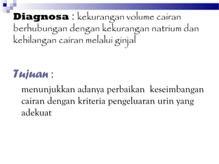 Diagnosa : kekurangan volume cairan
berhubungan dengan kekurangan natrium dan
kehilangan cairan melalui ginjal


Tujuan :
 menunjukkan adanya perbaikan keseimbangan
 cairan dengan kriteria pengeluaran urin yang
 adekuat
 