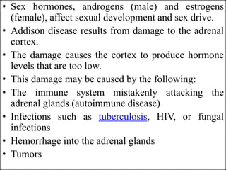 • Sex hormones, androgens (male) and estrogens
(female), affect sexual development and sex drive.
• Addison disease results from damage to the adrenal
cortex.
• The damage causes the cortex to produce hormone
levels that are too low.
• This damage may be caused by the following:
• The immune system mistakenly attacking the
adrenal glands (autoimmune disease)
• Infections such as tuberculosis, HIV, or fungal
infections
• Hemorrhage into the adrenal glands
• Tumors
 