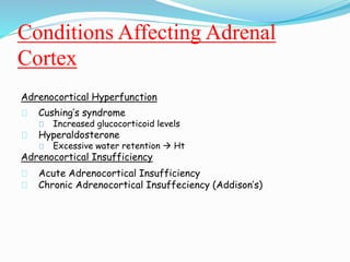 Conditions Affecting Adrenal
Cortex
Adrenocortical Hyperfunction
Cushing’s syndrome
Increased glucocorticoid levels
Hyperaldosterone
Excessive water retention  Ht
Adrenocortical Insufficiency
Acute Adrenocortical Insufficiency
Chronic Adrenocortical Insuffeciency (Addison’s)
 