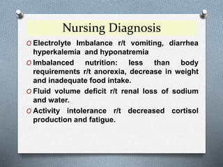 Nursing Diagnosis
O Electrolyte Imbalance r/t vomiting, diarrhea
hyperkalemia and hyponatremia
O Imbalanced nutrition: less than body
requirements r/t anorexia, decrease in weight
and inadequate food intake.
O Fluid volume deficit r/t renal loss of sodium
and water.
O Activity intolerance r/t decreased cortisol
production and fatigue.
 