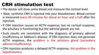 CRH stimulation test
• The doctor will draw some blood and measure the cortisol level.
• Next, synthetic CRH is injected into your bloodstream. Blood cortisol
is measured every 30 minutes for about an hour and a half after the
injection.
• If CRH injection causes an ACTH response, but no cortisol response,
the pituitary is functioning but the adrenal glands are not.
• Such results are consistent with the diagnosis of primary adrenal
insufficiency or Addison’s disease. If CRH injection does not generate
ACTH response, the problem is the pituitary gland (secondary
adrenal insufficiency).
• CRH injection produces a delayed ACTH response, the problem is the
hypothalamus.
 