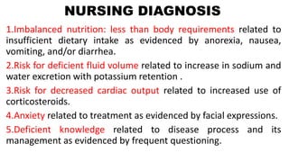 NURSING DIAGNOSIS
1.Imbalanced nutrition: less than body requirements related to
insufficient dietary intake as evidenced by anorexia, nausea,
vomiting, and/or diarrhea.
2.Risk for deficient fluid volume related to increase in sodium and
water excretion with potassium retention .
3.Risk for decreased cardiac output related to increased use of
corticosteroids.
4.Anxiety related to treatment as evidenced by facial expressions.
5.Deficient knowledge related to disease process and its
management as evidenced by frequent questioning.
 