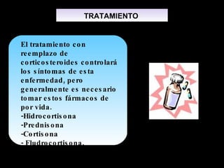 TRATAMIENTO


El tratamie nto c o n
re e mplazo de
c o rtic o s te ro ide s c o ntro lará
lo s s ínto mas de e s ta
e nfe rme dad , pe ro
g e ne ralme nte e s ne c e s ario
to mar e s to s fármac o s de
po r vida .
-Hidro c o rtis o na
-Pre dnis o na
-Co rtis o na
- Fludro c o rtis o na .
 