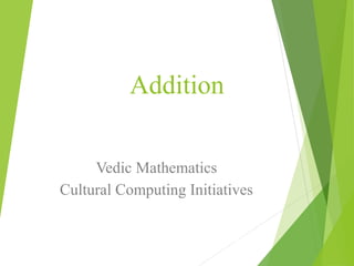 Addition
Vedic Mathematics
Cultural Computing Initiatives
www.culturalcomputingindia.com
 
