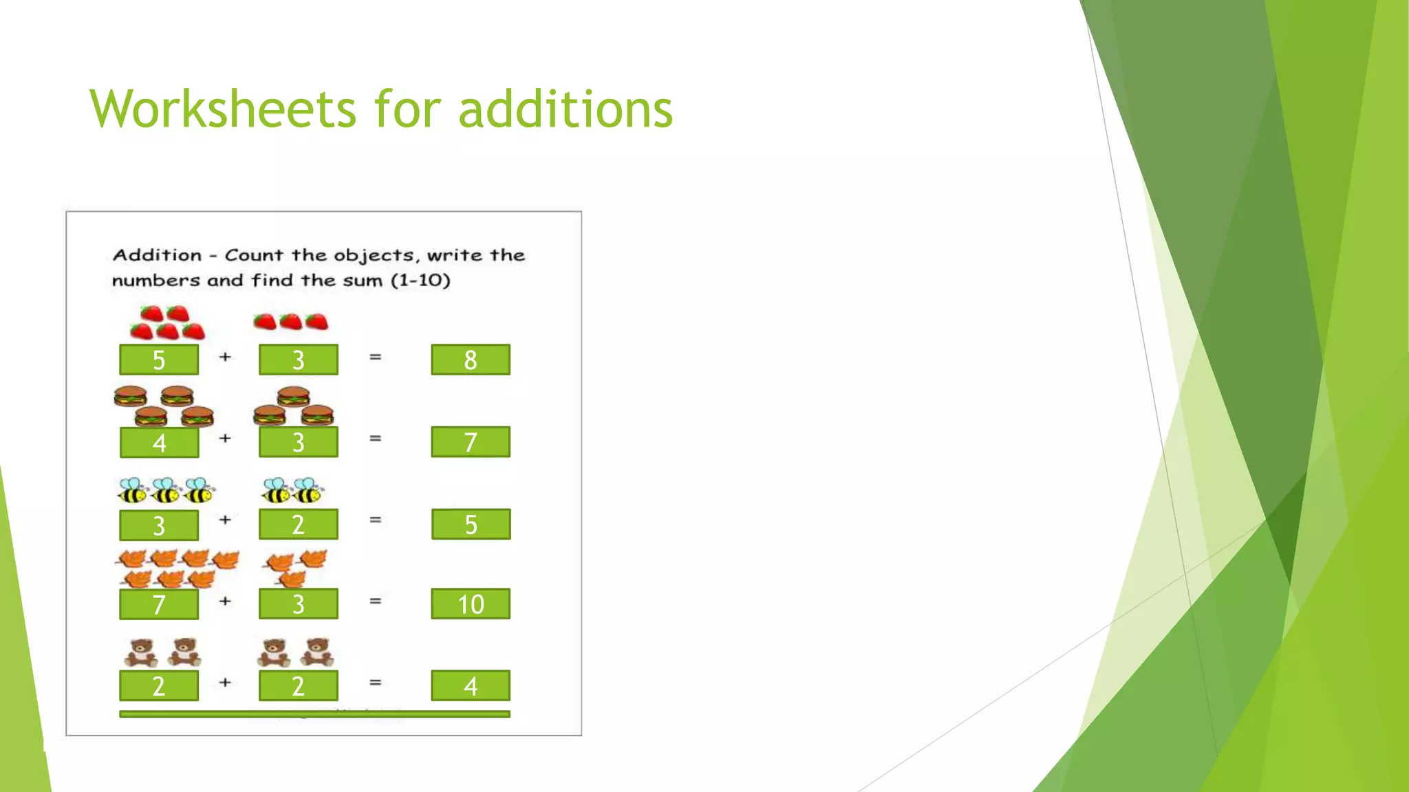 Worksheets for additions
11
5 3 8
4 3 7
3 2 5
7 3 10
2 2 4