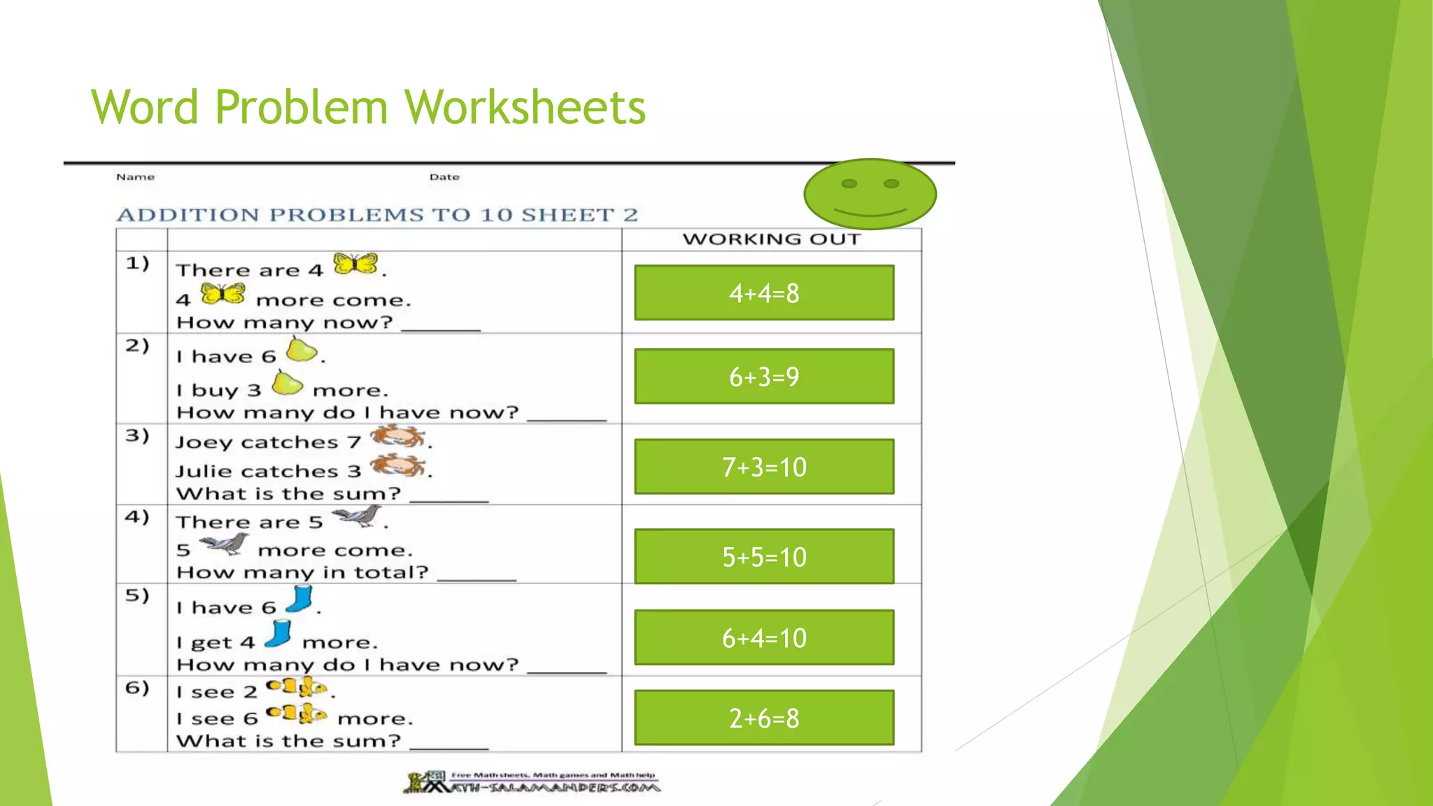 Word Problem Worksheets
4+4=8
6+3=9
7+3=10
5+5=10
6+4=10
2+6=8