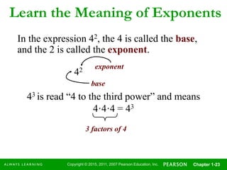 Copyright © 2015, 2011, 2007 Pearson Education, Inc. Chapter 1-23
Learn the Meaning of Exponents
In the expression 42, the 4 is called the base,
and the 2 is called the exponent.
exponent
42
base
43 is read “4 to the third power” and means
4·4·4 = 43
3 factors of 4
 