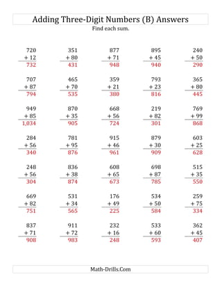 Adding Three-Digit Numbers (B) Answers
Find each sum.
720 351 877 895 240
+ 12 + 80 + 71 + 45 + 50
732 431 948 940 290
707 465 359 793 365
+ 87 + 70 + 21 + 23 + 80
794 535 380 816 445
949 870 668 219 769
+ 85 + 35 + 56 + 82 + 99
1,034 905 724 301 868
284 781 915 879 603
+ 56 + 95 + 46 + 30 + 25
340 876 961 909 628
248 836 608 698 515
+ 56 + 38 + 65 + 87 + 35
304 874 673 785 550
669 531 176 534 259
+ 82 + 34 + 49 + 50 + 75
751 565 225 584 334
837 911 232 533 362
+ 71 + 72 + 16 + 60 + 45
908 983 248 593 407
Math-Drills.Com
 