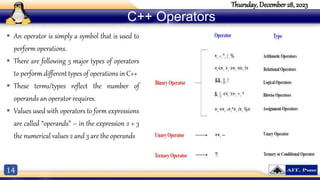14
Thursday, December 28, 2023
C++ Operators
 An operator is simply a symbol that is used to
perform operations.
 There are following 3 major types of operators
to perform different types of operations in C++
 These terms/types reflect the number of
operands an operator requires.
 Values used with operators to form expressions
are called “operands” – in the expression 2 + 3
the numerical values 2 and 3 are the operands
 