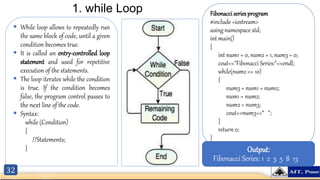32
1. while Loop
 While loop allows to repeatedly run
the same block of code, until a given
condition becomes true.
 It is called an entry-controlled loop
statement and used for repetitive
execution of the statements.
 The loop iterates while the condition
is true. If the condition becomes
false, the program control passes to
the next line of the code.
 Syntax:
while (Condition)
{
//Statements;
}
Fibonacci series program
#include <iostream>
using namespace std;
int main()
{
int num1 = 0, num2 = 1, num3 = 0;
cout<<"Fibonacci Series:"<<endl;
while(num2 <= 10)
{
num3 = num1 + num2;
num1 = num2;
num2 = num3;
cout<<num3<<“ “;
}
return 0;
}
Output:
Fibonacci Series: 1 2 3 5 8 13
 