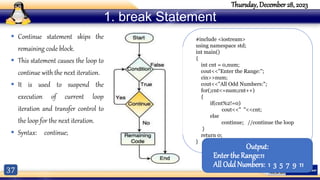 37
Thursday, December 28, 2023
1. break Statement
 Continue statement skips the
remaining code block.
 This statement causes the loop to
continue with the next iteration.
 It is used to suspend the
execution of current loop
iteration and transfer control to
the loop for the next iteration.
 Syntax: continue;
#include <iostream>
using namespace std;
int main()
{
int cnt = 0,num;
cout<<"Enter the Range:";
cin>>num;
cout<<"All Odd Numbers:";
for(;cnt<=num;cnt++)
{
if(cnt%2!=0)
cout<<" "<<cnt;
else
continue; //continue the loop
}
return 0;
}
Output:
Enter the Range:11
All Odd Numbers: 1 3 5 7 9 11
 