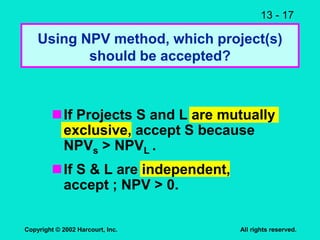 13 - 17
Copyright © 2002 Harcourt, Inc. All rights reserved.
Using NPV method, which project(s)
should be accepted?
If Projects S and L are mutually
exclusive, accept S because
NPVs > NPVL .
If S & L are independent,
accept ; NPV > 0.
 