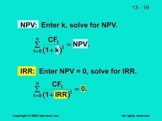 13 - 19
Copyright © 2002 Harcourt, Inc. All rights reserved.
 
t
n
t
t
CF
k
NPV




0 1
.
 
t
n
t
t
CF
IRR




0 1
0.
NPV: Enter k, solve for NPV.
IRR: Enter NPV = 0, solve for IRR.
 