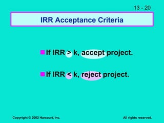 13 - 20
Copyright © 2002 Harcourt, Inc. All rights reserved.
IRR Acceptance Criteria
If IRR > k, accept project.
If IRR < k, reject project.
 