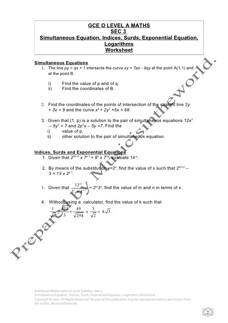 O Level A Maths Sec 3 Syallbus 2011 Simultaneous Equation Indices S