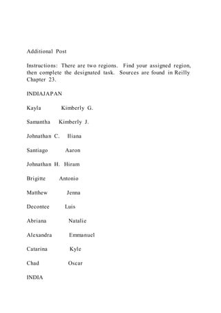 Additional Post
Instructions: There are two regions. Find your assigned region,
then complete the designated task. Sources are found in Reilly
Chapter 23.
INDIAJAPAN
Kayla Kimberly G.
Samantha Kimberly J.
Johnathan C. Iliana
Santiago Aaron
Johnathan H. Hiram
Brigitte Antonio
Matthew Jenna
Decontee Luis
Abriana Natalie
Alexandra Emmanuel
Catarina Kyle
Chad Oscar
INDIA
 