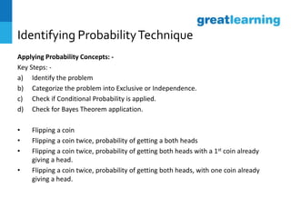 Identifying ProbabilityTechnique
Applying Probability Concepts: -
Key Steps: -
a) Identify the problem
b) Categorize the problem into Exclusive or Independence.
c) Check if Conditional Probability is applied.
d) Check for Bayes Theorem application.
• Flipping a coin
• Flipping a coin twice, probability of getting a both heads
• Flipping a coin twice, probability of getting both heads with a 1st coin already
giving a head.
• Flipping a coin twice, probability of getting both heads, with one coin already
giving a head.
 