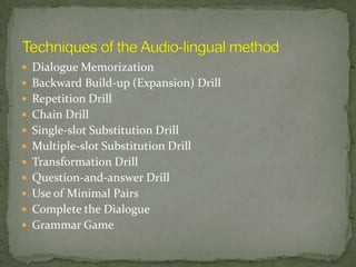  Dialogue Memorization
 Backward Build-up (Expansion) Drill
 Repetition Drill
 Chain Drill
 Single-slot Substitution Drill
 Multiple-slot Substitution Drill
 Transformation Drill
 Question-and-answer Drill
 Use of Minimal Pairs
 Complete the Dialogue
 Grammar Game
 