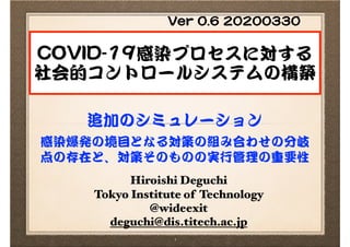 Hiroishi Deguchi
Tokyo Institute of Technology
@wideexit
deguchi@dis.titech.ac.jp
COVID-19感染プロセスに対する
社会的コントロールシステムの構築
追加のシミュレーション

感染爆発の境目となる対策の組み合わせの分岐
点の存在と、対策そのものの実行管理の重要性
1
Ver 0.6 20200330
 