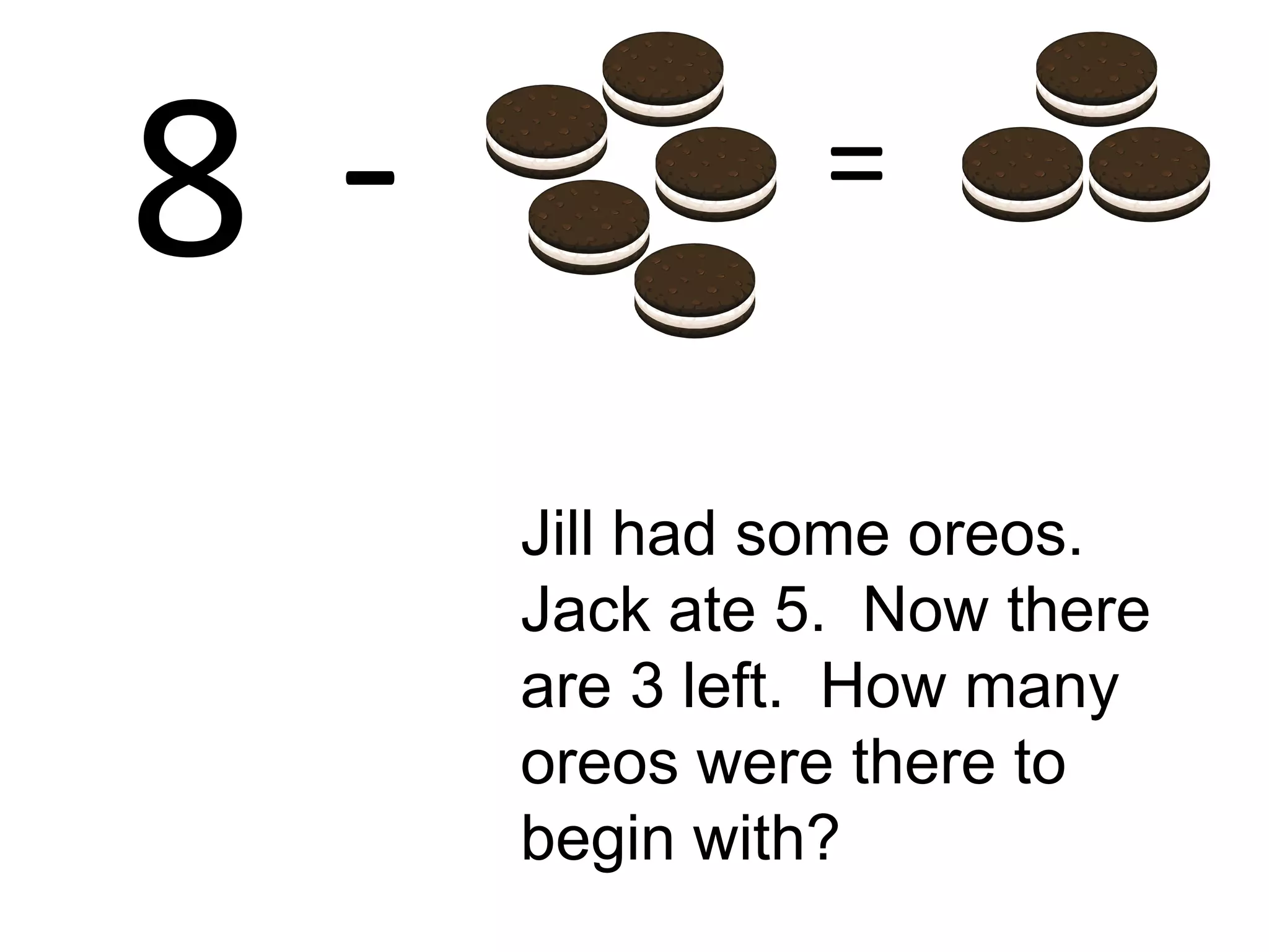 8   -             =

        Jill had some oreos.
        Jack ate 5. Now there
        are 3 left. How many
        oreos were there to
        begin with?
 