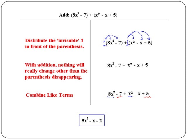 Addition and subtraction of polynomials | PPT