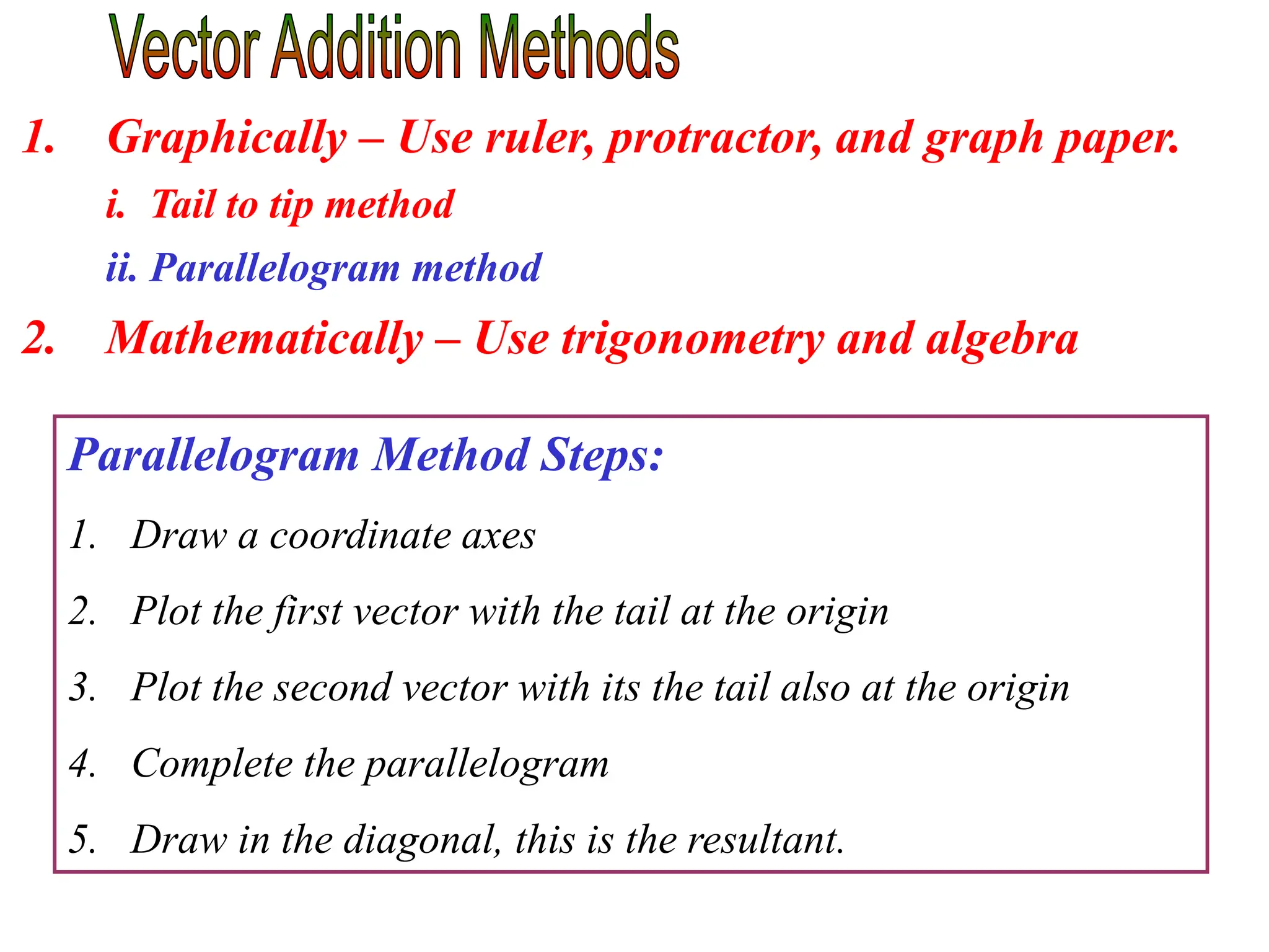 Parallelogram Method Steps:
1. Draw a coordinate axes
2. Plot the first vector with the tail at the origin
3. Plot the second vector with its the tail also at the origin
4. Complete the parallelogram
5. Draw in the diagonal, this is the resultant.
1. Graphically – Use ruler, protractor, and graph paper.
i. Tail to tip method
ii. Parallelogram method
2. Mathematically – Use trigonometry and algebra
 