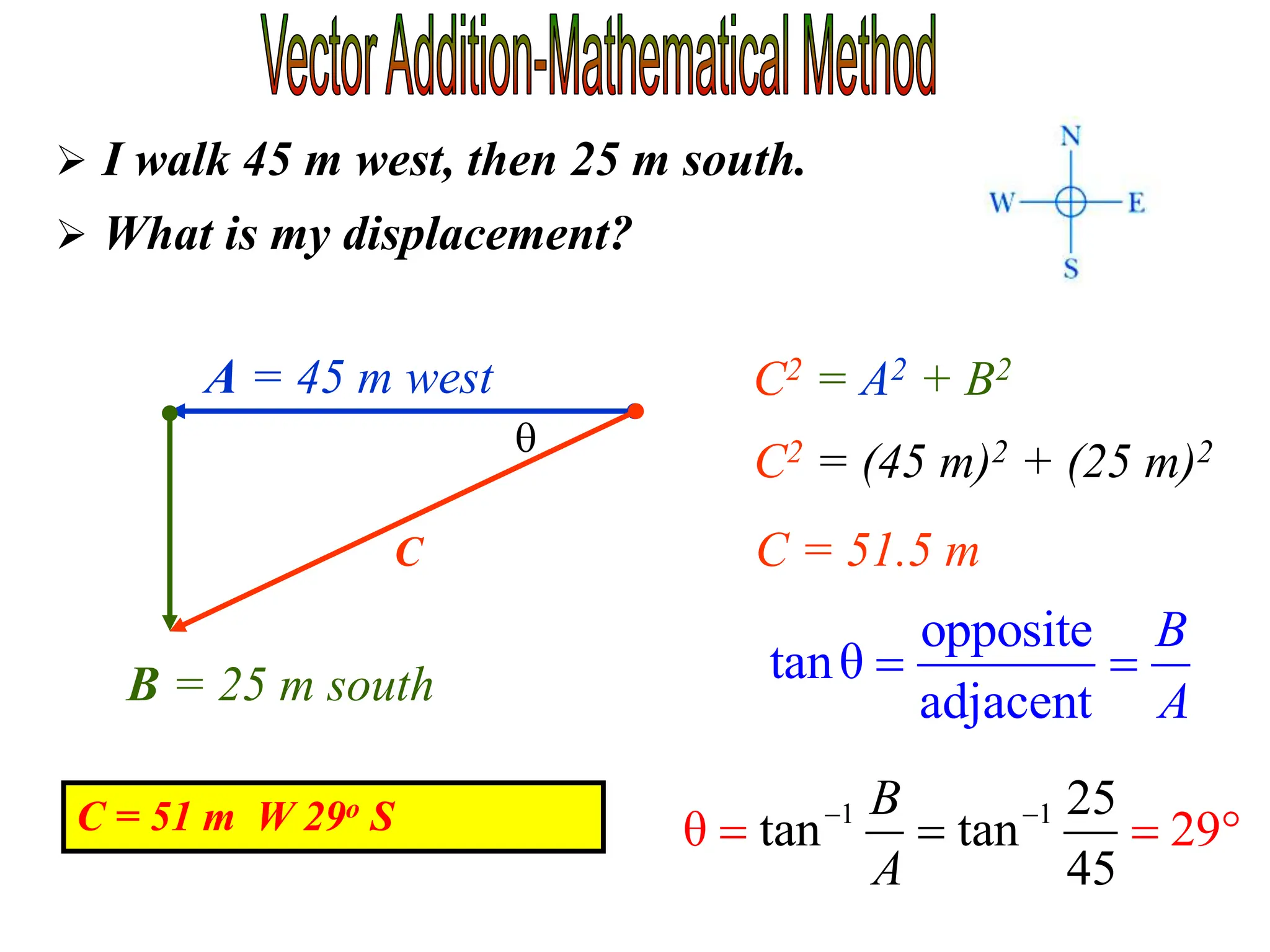  I walk 45 m west, then 25 m south.
 What is my displacement?
A = 45 m west
B = 25 m south
C
C2 = A2 + B2
C2 = (45 m)2 + (25 m)2
C = 51.5 m

opposite
tanθ
adjacent
B
A
 
1 1 25
tan ta 9
5
θ n
4
2
B
A
 
 
 
C = 51 m W 29o S
 