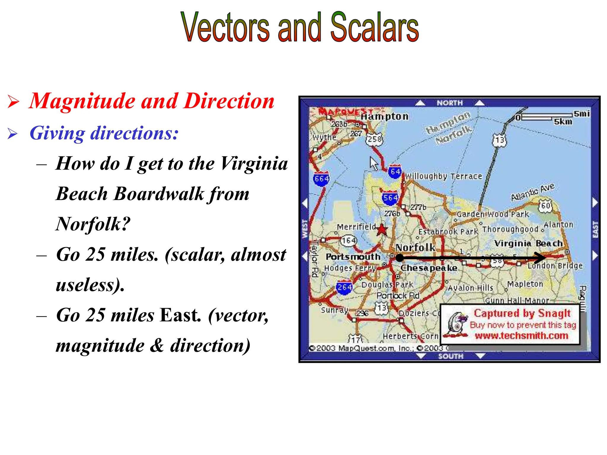  Magnitude and Direction
 Giving directions:
– How do I get to the Virginia
Beach Boardwalk from
Norfolk?
– Go 25 miles. (scalar, almost
useless).
– Go 25 miles East. (vector,
magnitude & direction)
 