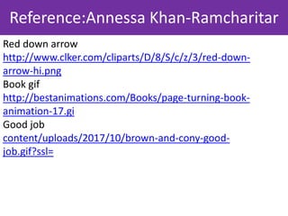 Reference:Annessa Khan-Ramcharitar
Red down arrow
http://www.clker.com/cliparts/D/8/S/c/z/3/red-down-
arrow-hi.png
Book gif
http://bestanimations.com/Books/page-turning-book-
animation-17.gi
Good job
content/uploads/2017/10/brown-and-cony-good-
job.gif?ssl=
 