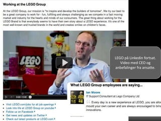 LEGO på Linkedin fortsat.
Video med CEO og
anbefalinger fra ansatte.
 