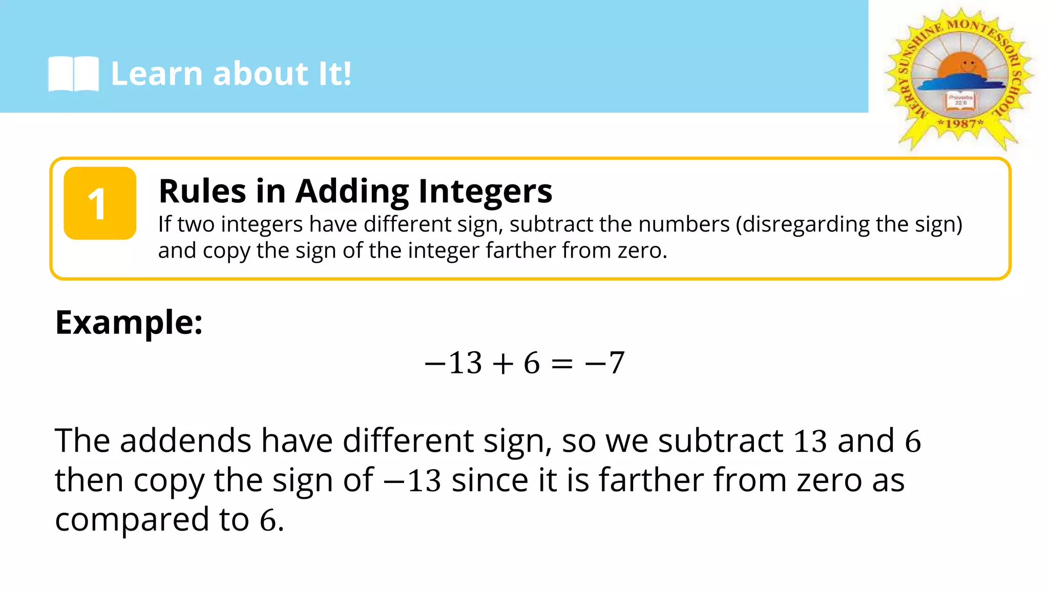 Addition of integers Grade 6 | PPTX