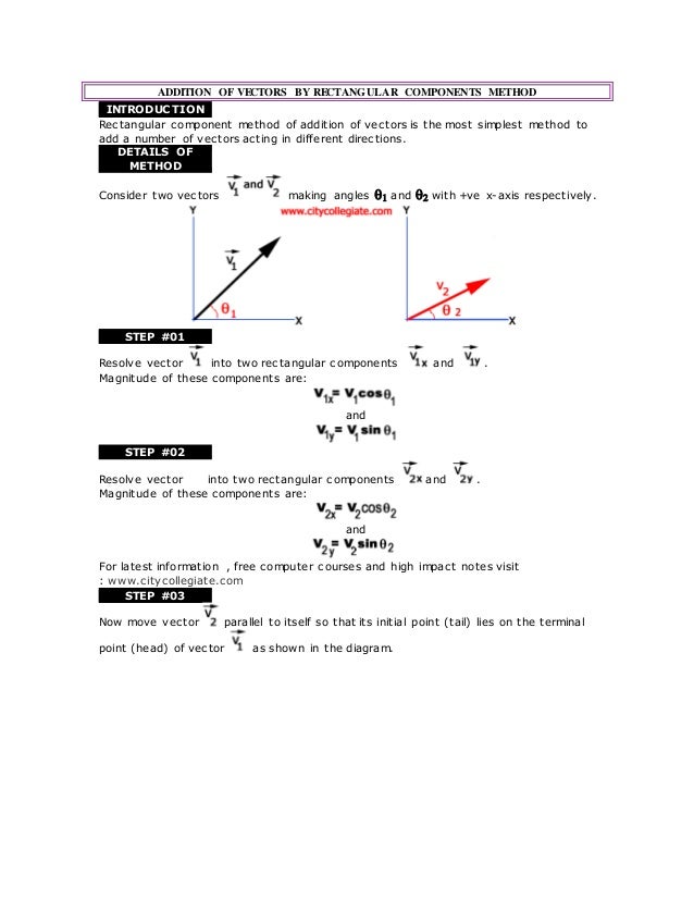 ADDITION OF VECTORS BY RECTANGULAR COMPONENTS METHOD
INTRODUCTION
Rectangular component method of addition of vectors is the most simplest method to
add a number of vectors acting in different directions.
DETAILS OF
METHOD
Consider two vectors making angles  and  with +ve x-axis respectively.
STEP #01
Resolve vector into two rectangular components and .
Magnitude of these components are:
and
STEP #02
Resolve vector into two rectangular components and .
Magnitude of these components are:
and
For latest information , free computer courses and high impact notes visit
: www.citycollegiate.com
STEP #03
Now move vector parallel to itself so that its initial point (tail) lies on the terminal
point (head) of vector as shown in the diagram.
 