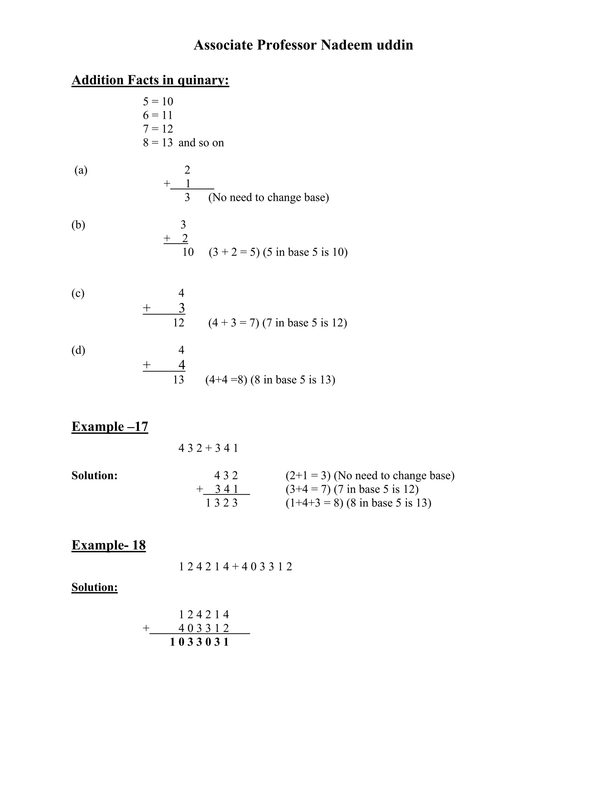 Associate Professor Nadeem uddin
Addition Facts in quinary:
5 = 10
6 = 11
7 = 12
8 = 13 and so on
(a) 2
+ 1
3 (No need to change base)
(b) 3
+ 2
10 (3 + 2 = 5) (5 in base 5 is 10)
(c) 4
+ 3
12 (4 + 3 = 7) (7 in base 5 is 12)
(d) 4
+ 4
13 (4+4 =8) (8 in base 5 is 13)
Example –17
4 3 2 + 3 4 1
Solution: 4 3 2 (2+1 = 3) (No need to change base)
+ 3 4 1 (3+4 = 7) (7 in base 5 is 12)
1 3 2 3 (1+4+3 = 8) (8 in base 5 is 13)
Example- 18
1 2 4 2 1 4 + 4 0 3 3 1 2
Solution:
1 2 4 2 1 4
+ 4 0 3 3 1 2
1 0 3 3 0 3 1