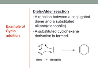 Example of
Cyclo
addition
Diels-Alder reaction
• A reaction between a conjugated
diene and a substituted
alkene(dienophile).
• A substituted cyclohexene
derivative is formed.
 
