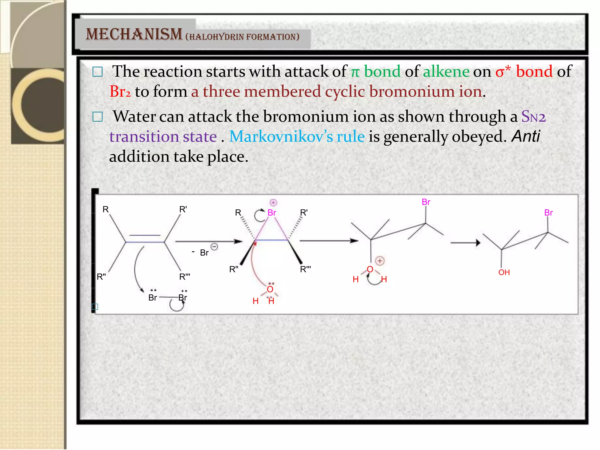 Mechanism(halohydrin formation)
 The reaction starts with attack of π bond of alkene on σ* bond of
Br2 to form a three membered cyclic bromonium ion.
 Water can attack the bromonium ion as shown through a SN2
transition state . Markovnikov’s rule is generally obeyed. Anti
addition take place.
Br
R R'
-
R'' R'''
Br Br

R Br R'
Br
R'' R''' O
H H
O
H H
Br
OH
 