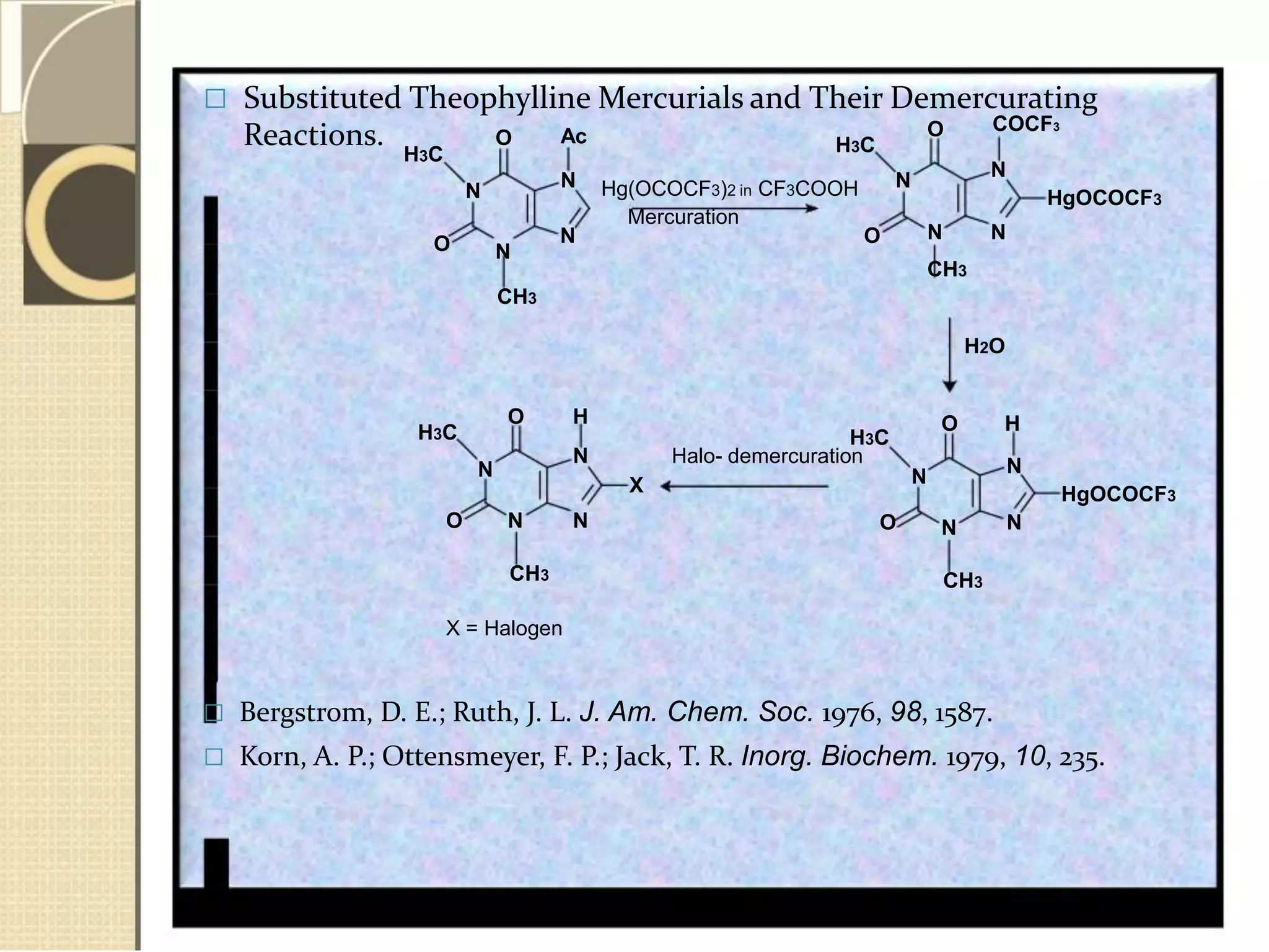  Substituted Theophylline Mercurials and Their Demercurating
Reactions. O
H3C
N
Ac
N
H3C
Hg(OCOCF3)2 in CF3COOH
Mercuration
O
N
COCF3
N
HgOCOCF3
O
H3C
N
O
N O
N
CH3
O H
H3C
N Halo- demercuration
X
N N
N
N N
CH3
H2O
O H
N
HgOCOCF3
N
O N
CH3 CH3
X = Halogen
 Bergstrom, D. E.; Ruth, J. L. J. Am. Chem. Soc. 1976, 98, 1587.
 Korn, A. P.; Ottensmeyer, F. P.; Jack, T. R. Inorg. Biochem. 1979, 10, 235.
 