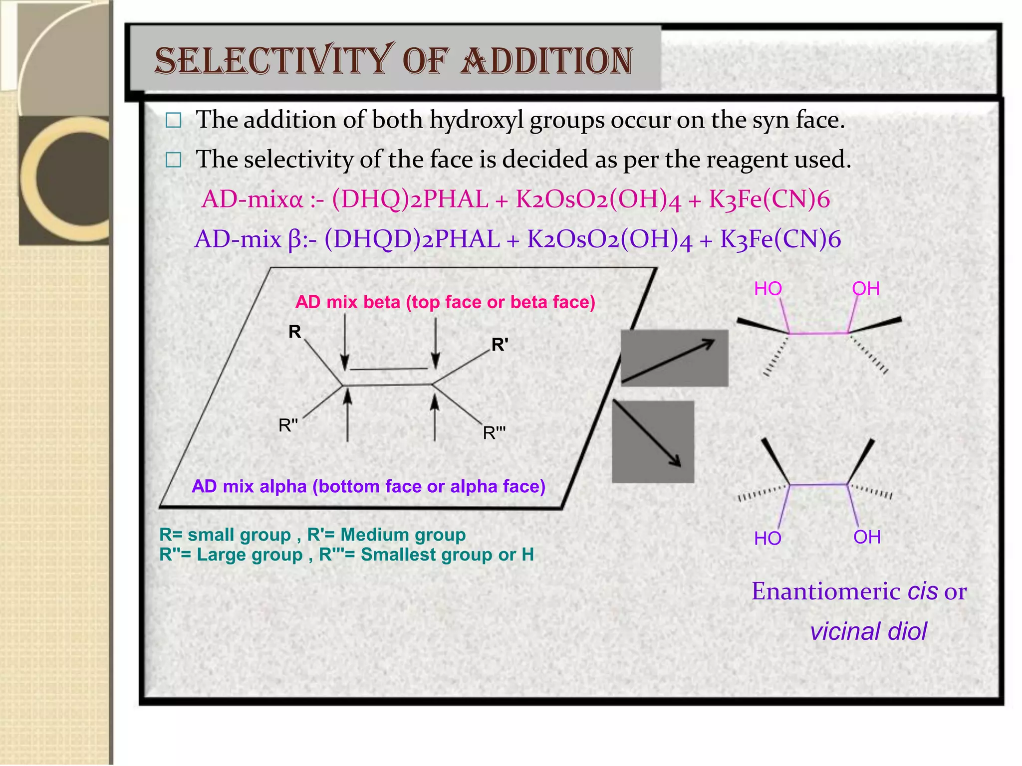 Selectivity of addition
 The addition of both hydroxyl groups occur on the syn face.
 The selectivity of the face is decided as per the reagent used.
AD-mixα :- (DHQ)2PHAL + K2OsO2(OH)4 + K3Fe(CN)6
AD-mix β:- (DHQD)2PHAL + K2OsO2(OH)4 + K3Fe(CN)6
AD mix beta (top face or beta face)
R
HO OH
R'
R'' R'''
AD mix alpha (bottom face or alpha face)
R= small group , R'= Medium group HO OH
R''= Large group , R'''= Smallest group or H
Enantiomeric cis or
vicinal diol
 