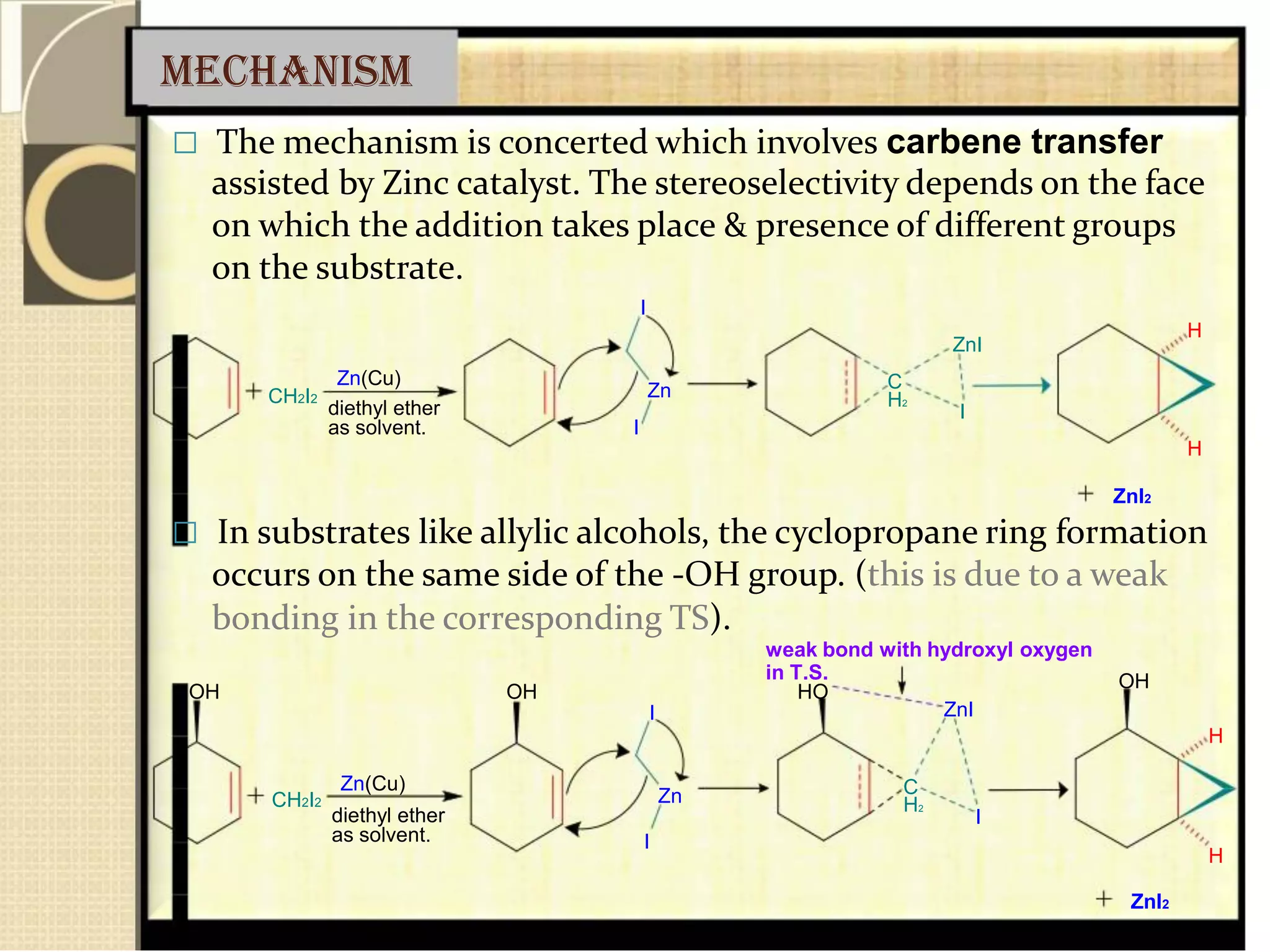 MECHANISM
 The mechanism is concerted which involves carbene transfer
assisted by Zinc catalyst. The stereoselectivity depends on the face
on which the addition takes place & presence of different groups
on the substrate.
I
Zn(Cu)
CH2I2
diethyl ether
as solvent. I
Zn C
H2
ZnI
I
ZnI2
H
H
 In substrates like allylic alcohols, the cyclopropane ring formation
occurs on the same side of the -OH group. (this is due to a weak
bonding in the corresponding TS).
weak bond with hydroxyl oxygen
OH
Zn(Cu)
CH2I2
diethyl ether
as solvent.
in T.S.
OH HO
I
Zn
I
C
H2
OH
ZnI
H
I
H
ZnI2
 