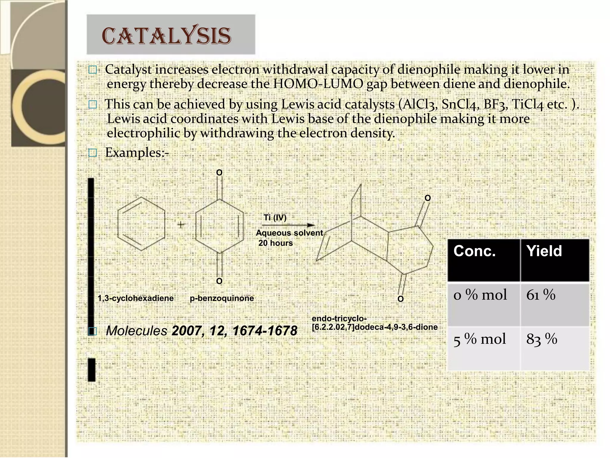 Catalysis
 Catalyst increases electron withdrawal capacity of dienophile making it lower in
energy thereby decrease the HOMO-LUMO gap between diene and dienophile.
 This can be achieved by using Lewis acid catalysts (AlCl3, SnCl4, BF3, TiCl4 etc. ).
Lewis acid coordinates with Lewis base of the dienophile making it more
electrophilic by withdrawing the electron density.
 Examples:-
O
O
Ti (IV)
Aqueous solvent
20 hours
O
1,3-cyclohexadiene p-benzoquinone
 Molecules 2007, 12, 1674-1678
O
endo-tricyclo-
[6.2.2.02,7]dodeca-4,9-3,6-dione
Conc. Yield
0 % mol 61 %
5 % mol 83 %
 