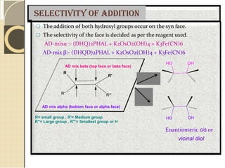 Selectivity of addition
 The addition of both hydroxyl groups occur on the syn face.
 The selectivity of the face is decided as per the reagent used.
AD-mixα :- (DHQ)2PHAL + K2OsO2(OH)4 + K3Fe(CN)6
AD-mix β:- (DHQD)2PHAL + K2OsO2(OH)4 + K3Fe(CN)6
AD mix beta (top face or beta face)
R
HO OH
R'
R'' R'''
AD mix alpha (bottom face or alpha face)
R= small group , R'= Medium group HO OH
R''= Large group , R'''= Smallest group or H
Enantiomeric cis or
vicinal diol
 