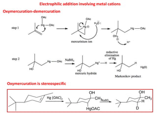 Electrophilic addition involving metal cations
Oxymercuration-demercuration
Oxymercuration is stereospecific
HgOAC
OH
CH3
OH
CH3
H
D
Hg (OAC)2
NaBD4
 