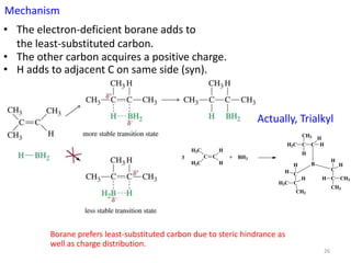 26
Mechanism
• The electron-deficient borane adds to
the least-substituted carbon.
• The other carbon acquires a positive charge.
• H adds to adjacent C on same side (syn).
Actually, Trialkyl
C C
H3C
H3C
H
H
+ BH3
B
CC H
CH3
H3C
H
H
C
CH
H
H
CH3
CH3
C
C
H
H
H3C
CH3
H
3
Borane prefers least-substituted carbon due to steric hindrance as
well as charge distribution.
 
